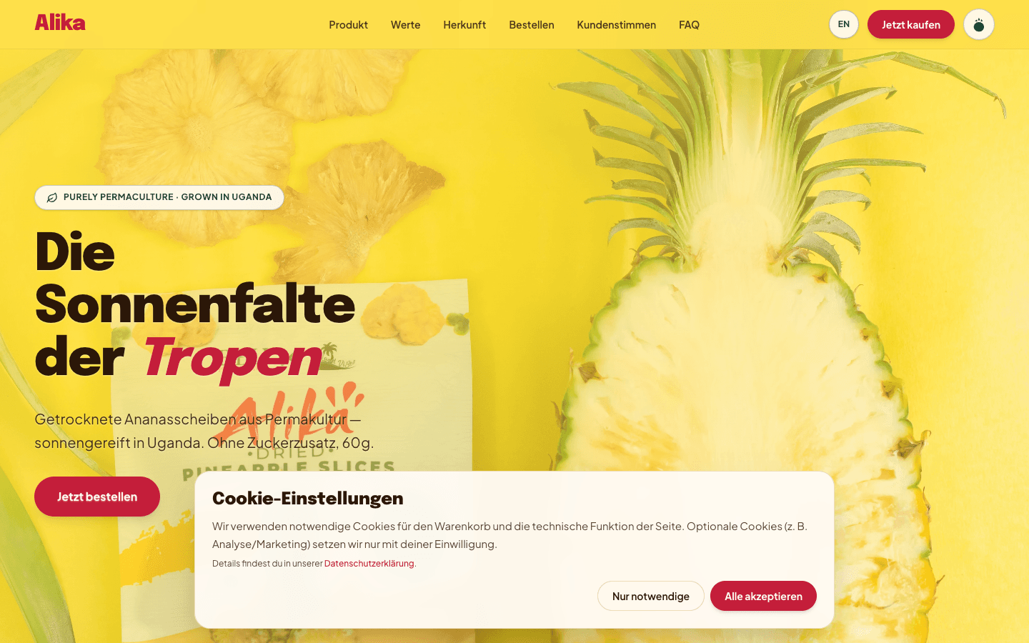 Screenshot of the Alika Shopify landing: claim and dried pineapple