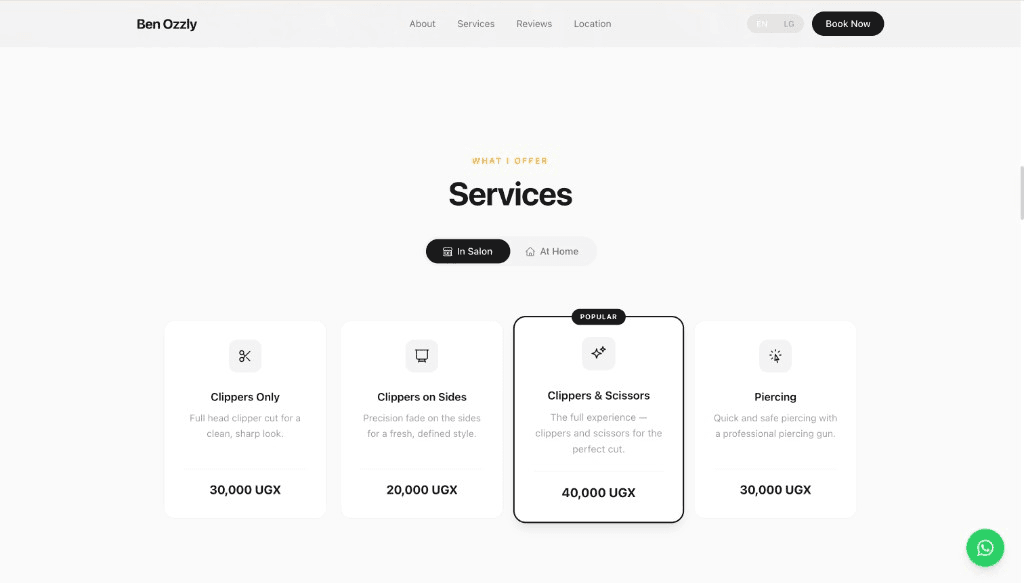 Screenshot of the Ben Ozzly website: services page