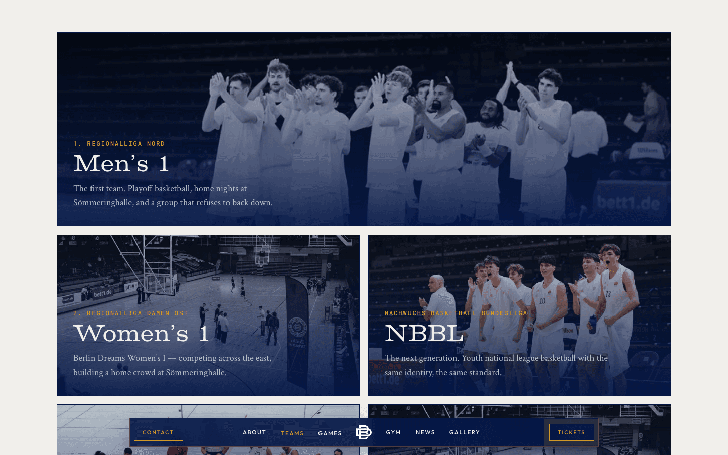 Screenshot der Berlin-Dreams-Teams unter dem Hero: Men’s 1, Women’s 1 und NBBL