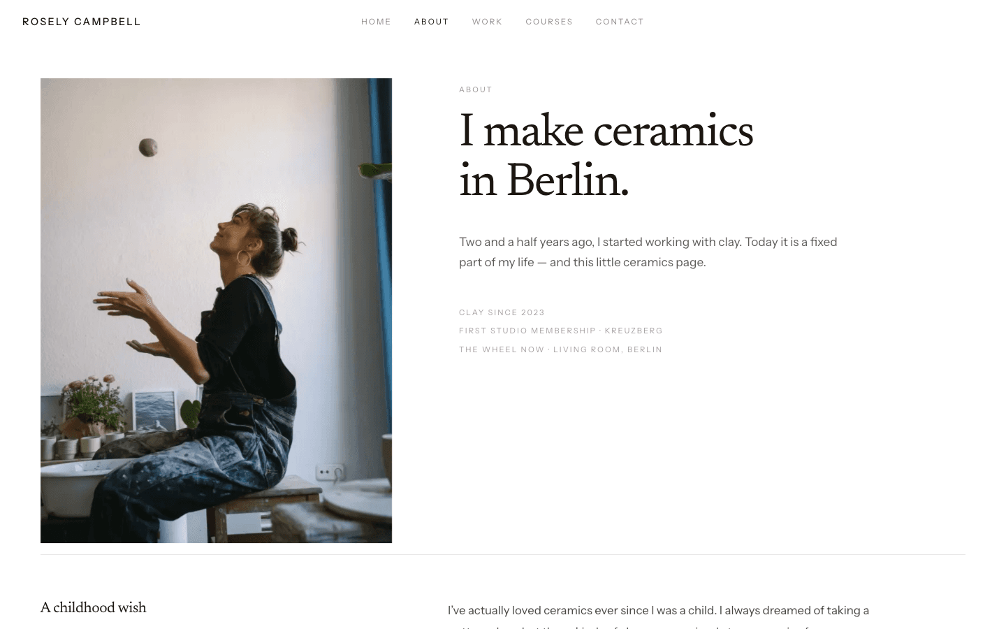 Screenshot of the about page: portrait of Rosely Campbell and the line I make ceramics in Berlin