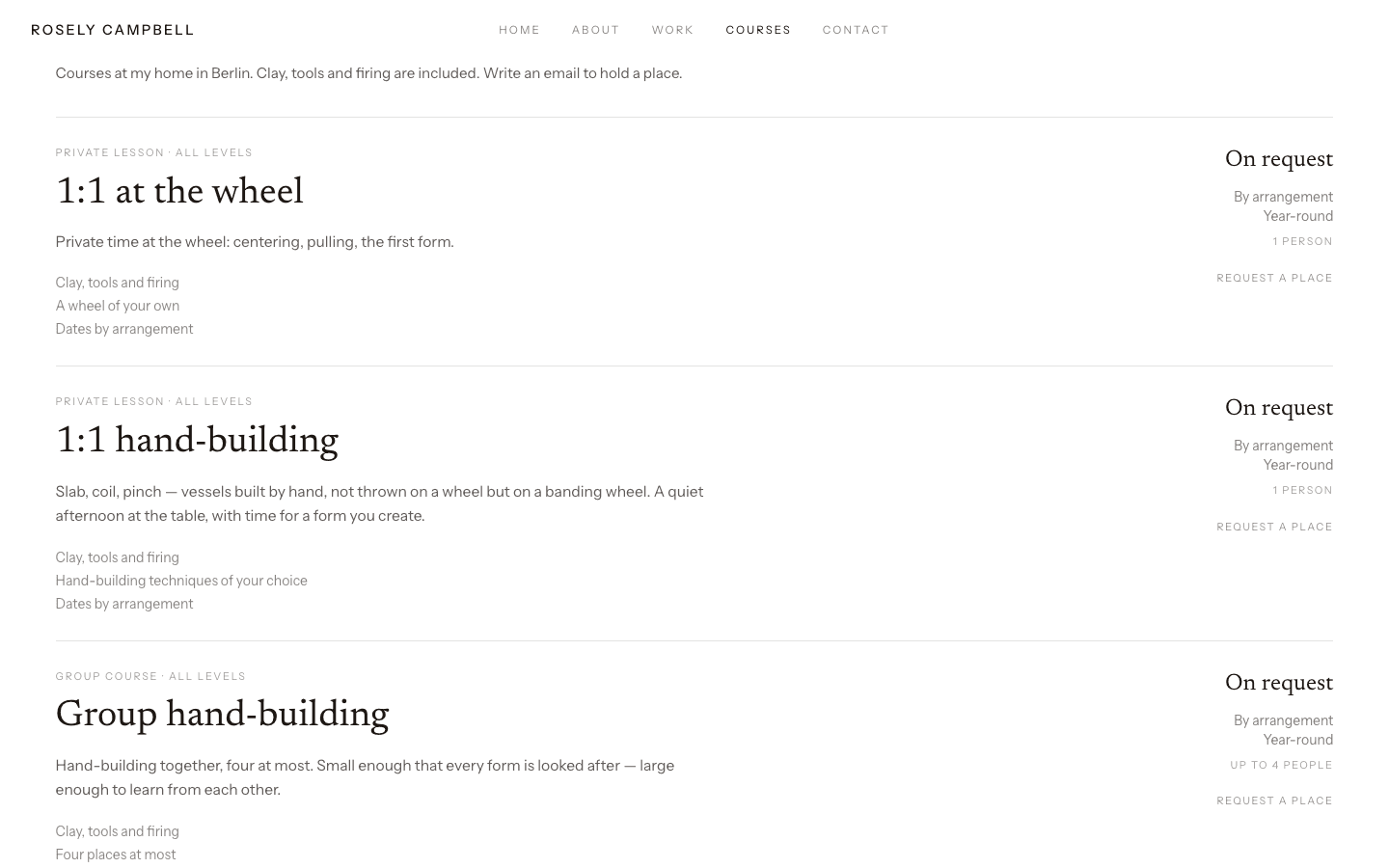 Screenshot of the courses: one-to-one at the wheel, hand-building and a small group, places by email