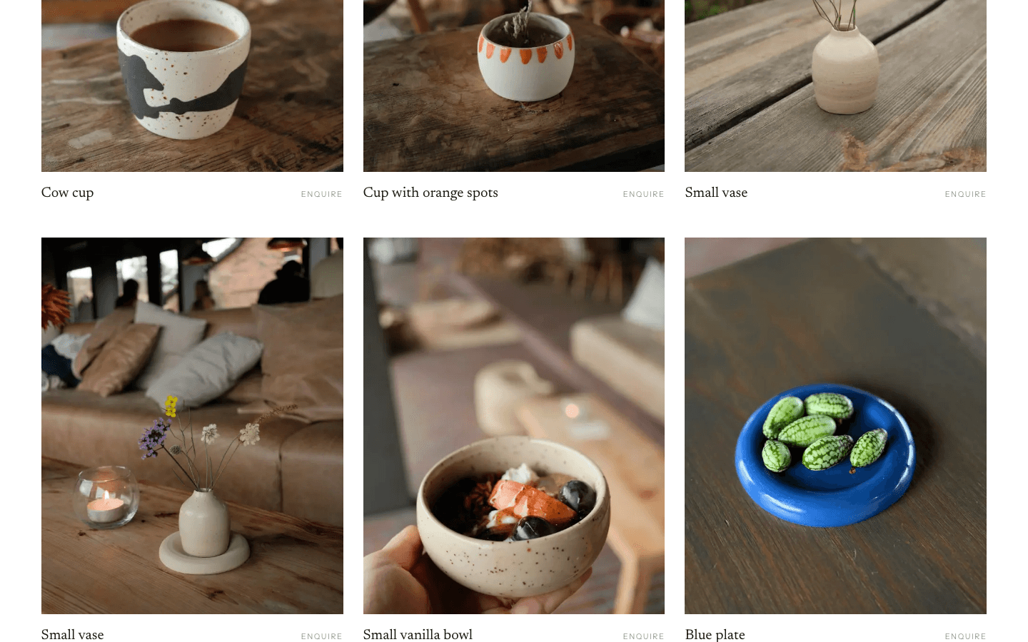 Screenshot of the work page: one-off pieces such as the cow cup, vase and blue plate, each with an enquiry