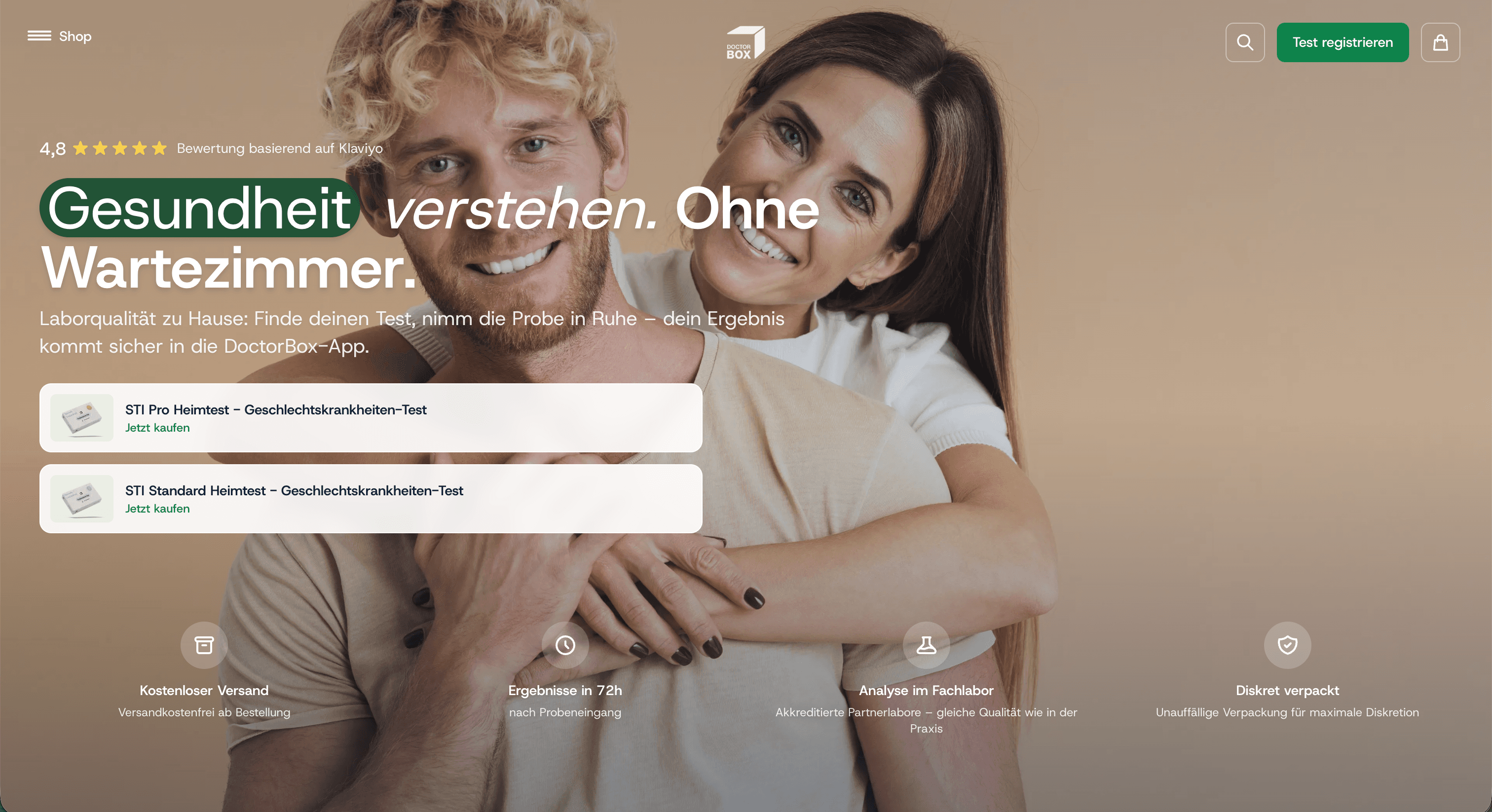 Screenshot der DoctorBox Shopify-Startseite mit Heimtest-Produkten
