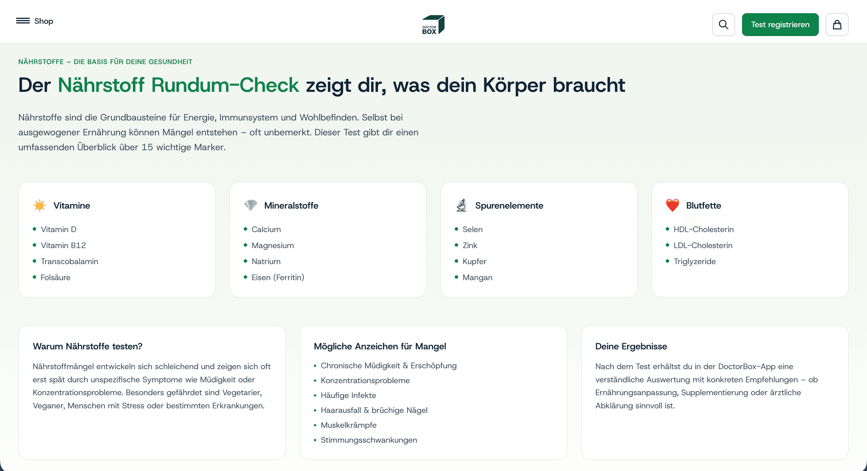 Screenshot DoctorBox: Produktdetails und analysierte Werte