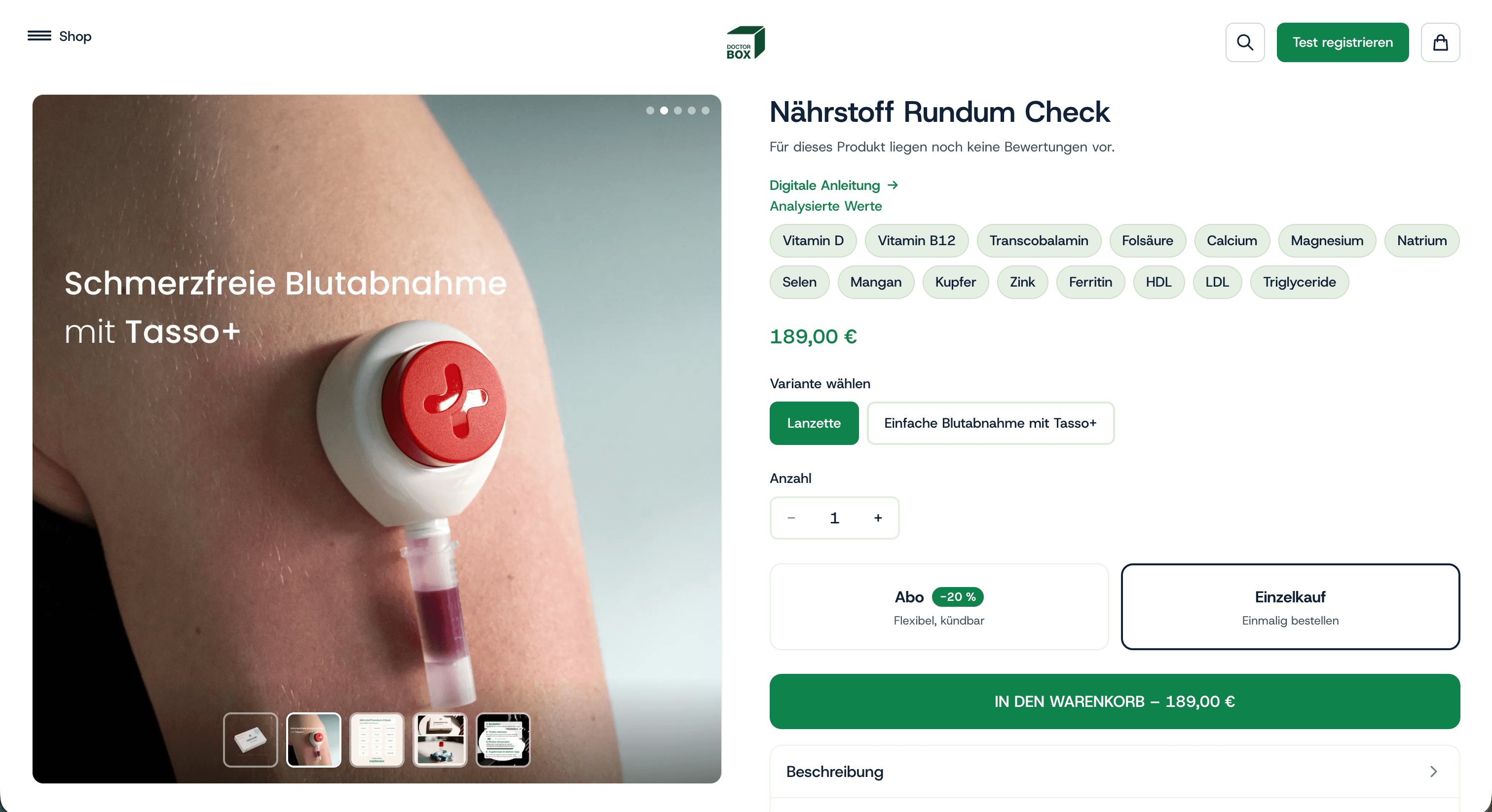 Screenshot der DoctorBox Shopify-Produktseite