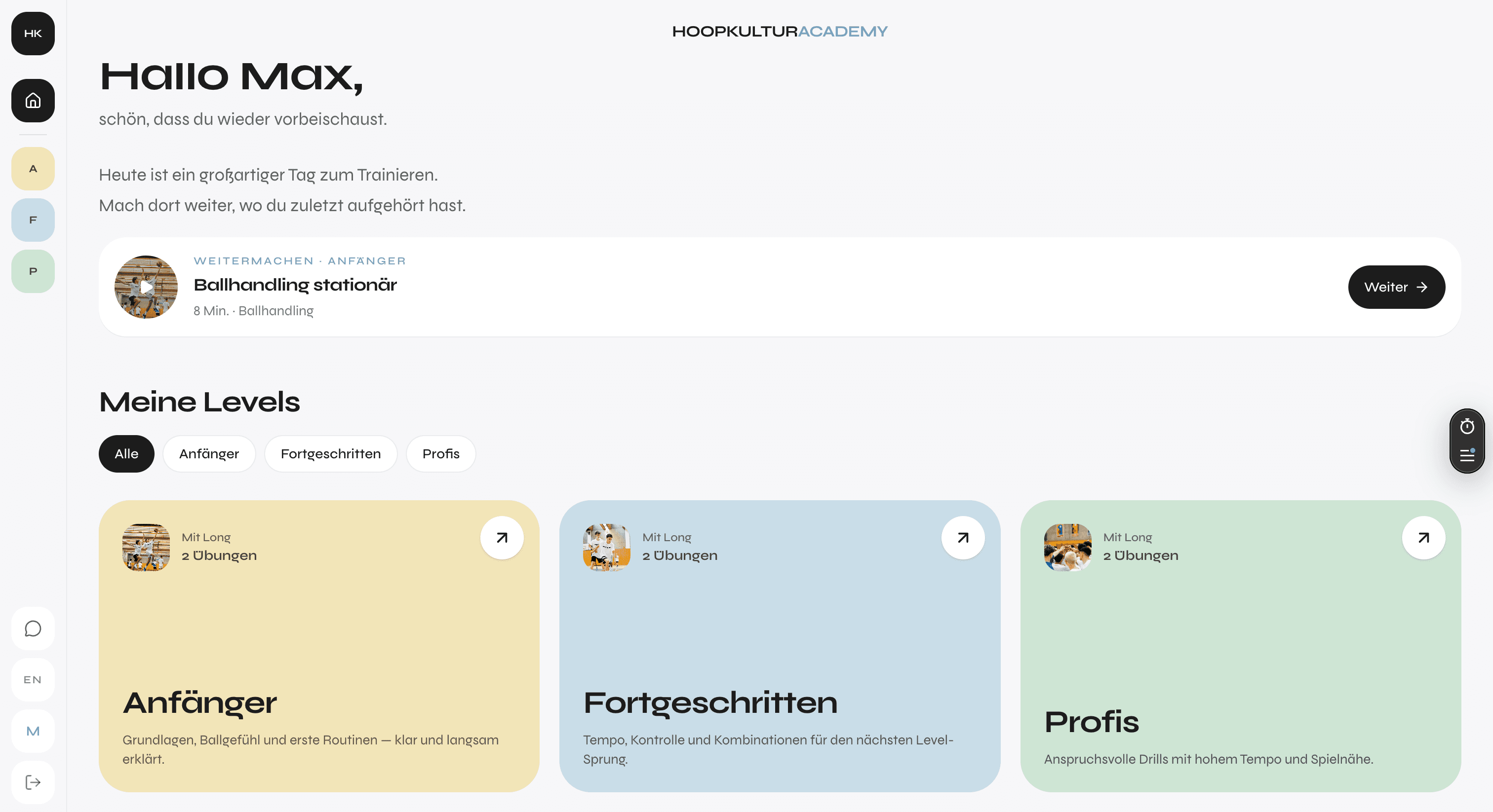 Screenshot der Hoopkultur Academy: Dashboard mit Level-Karten Anfänger, Fortgeschritten und Profis