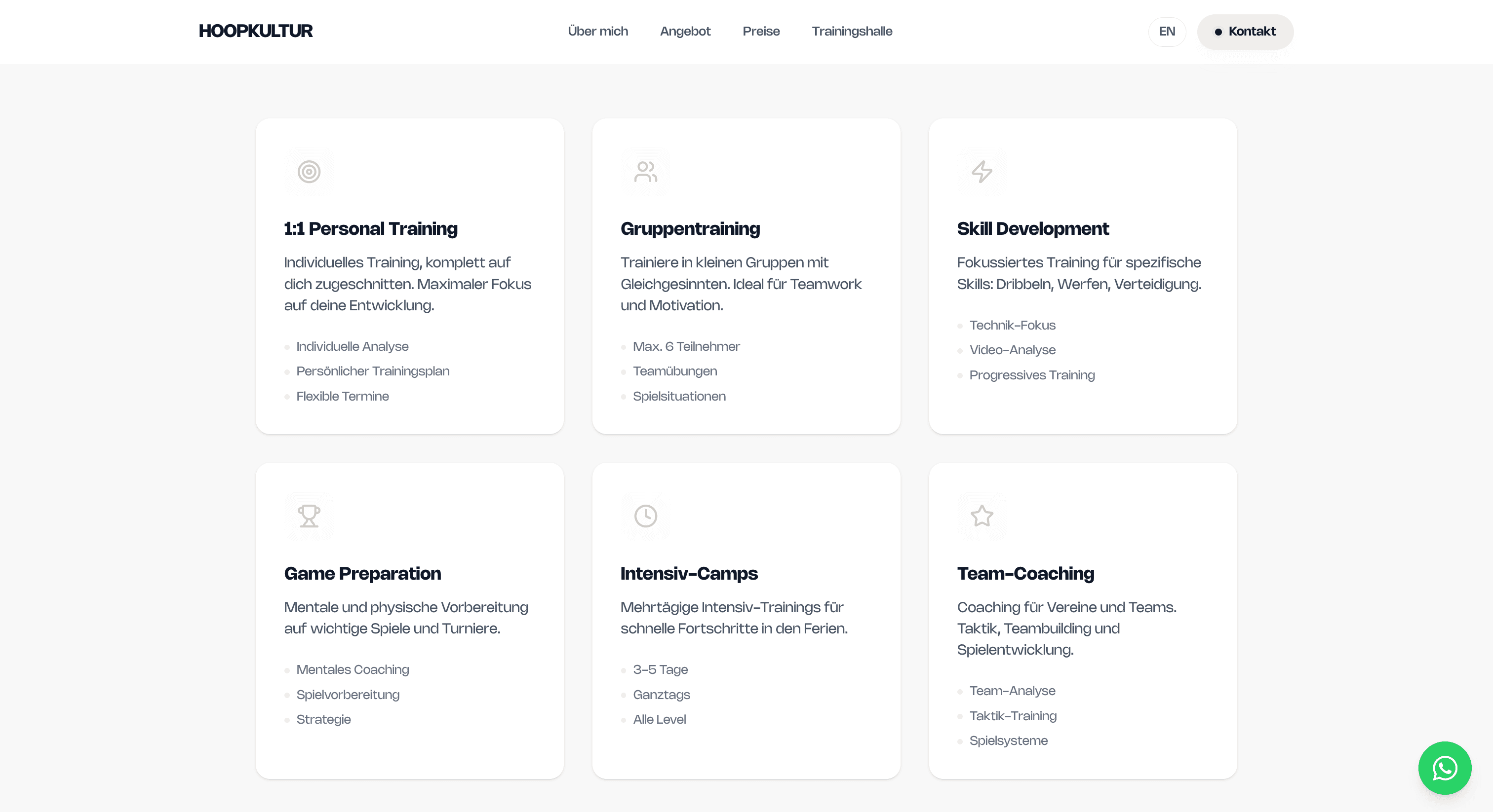 Screenshot of the Hoopkultur website: offer grid with training formats