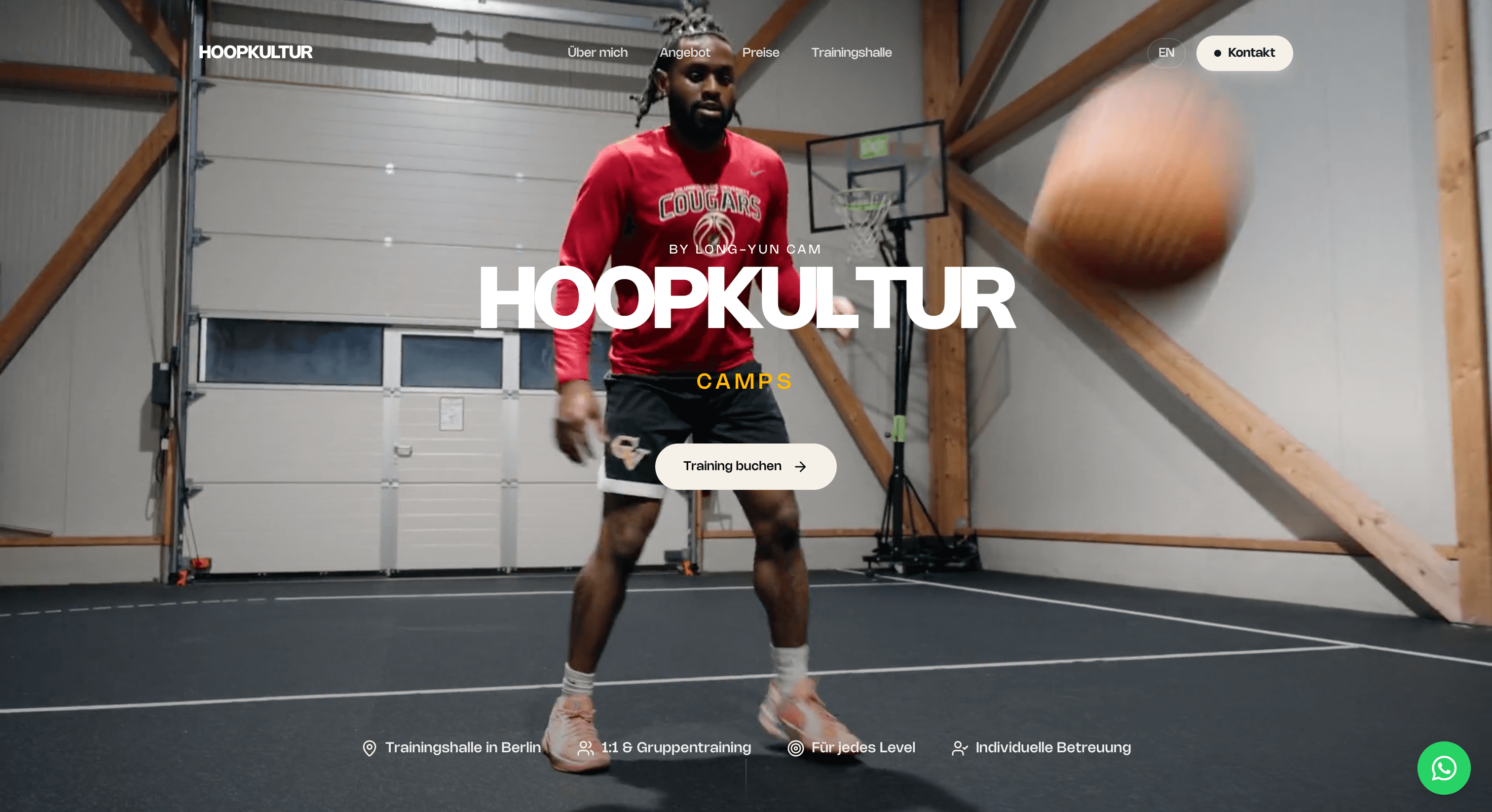 Screenshot der Hoopkultur-Website: Hero mit Claim und Training buchen