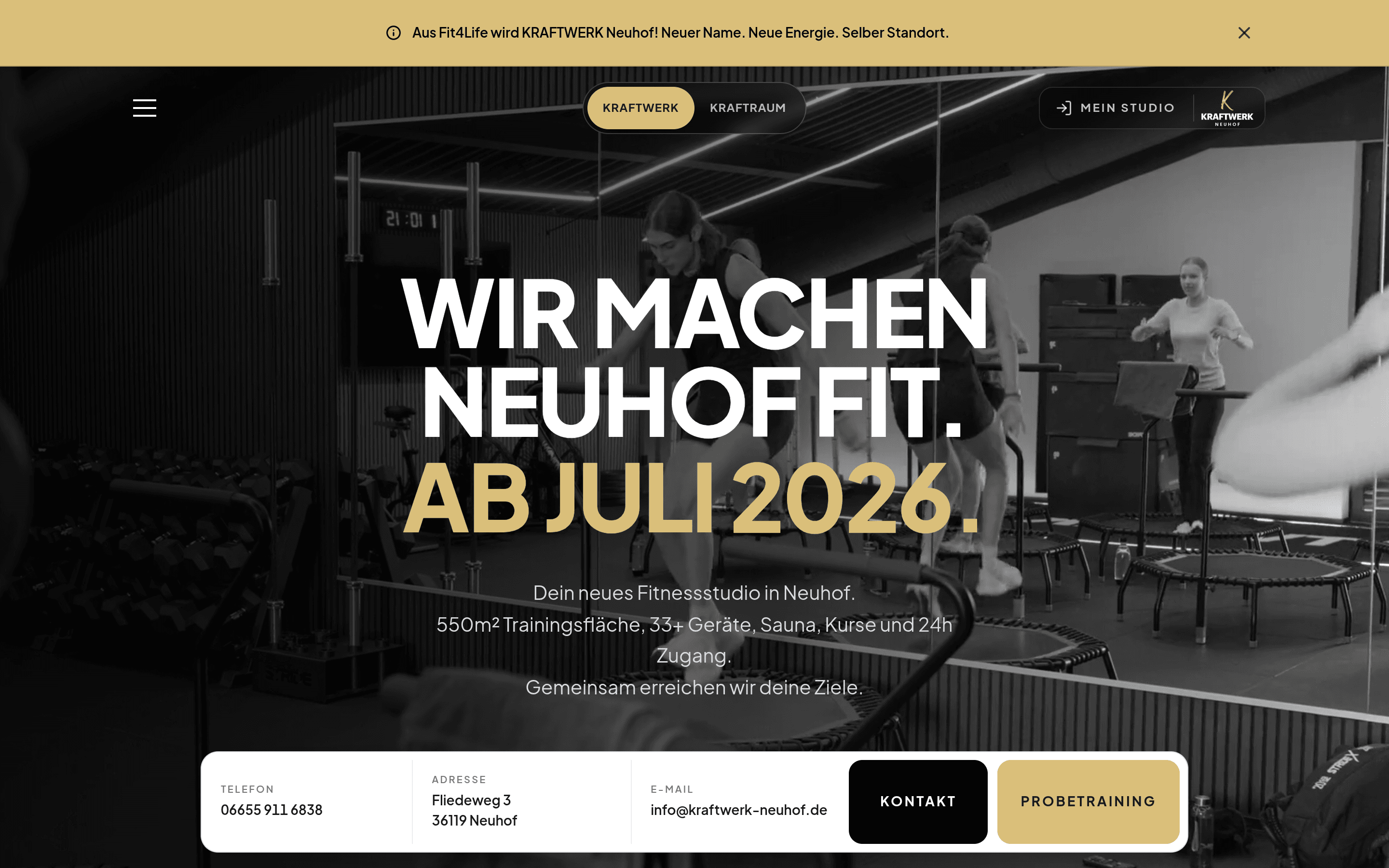 Screenshot of the Kraftwerk Neuhof website: home page with studio claim