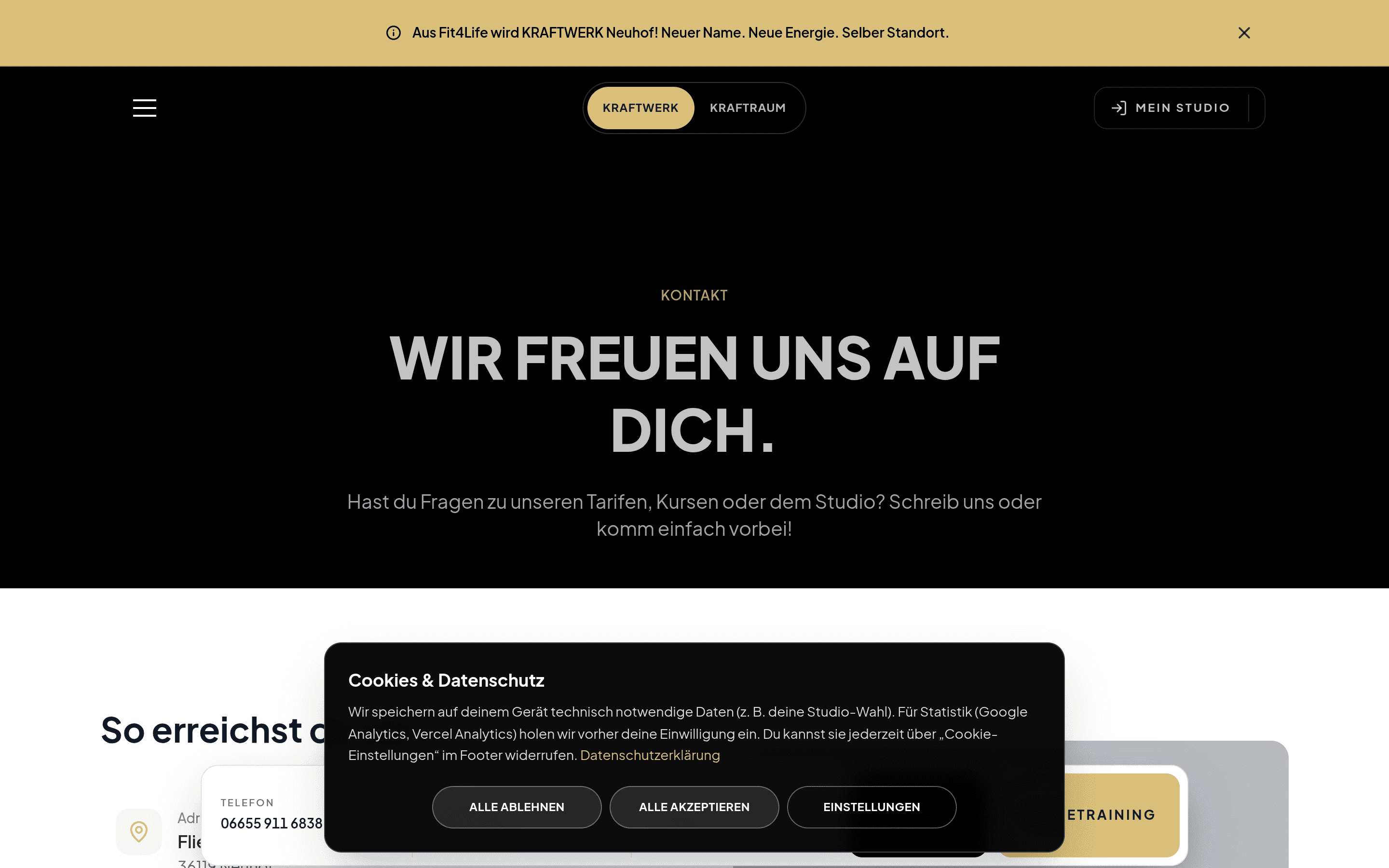 Screenshot der Kraftwerk-Neuhof-Website: Kontakt und Probetraining