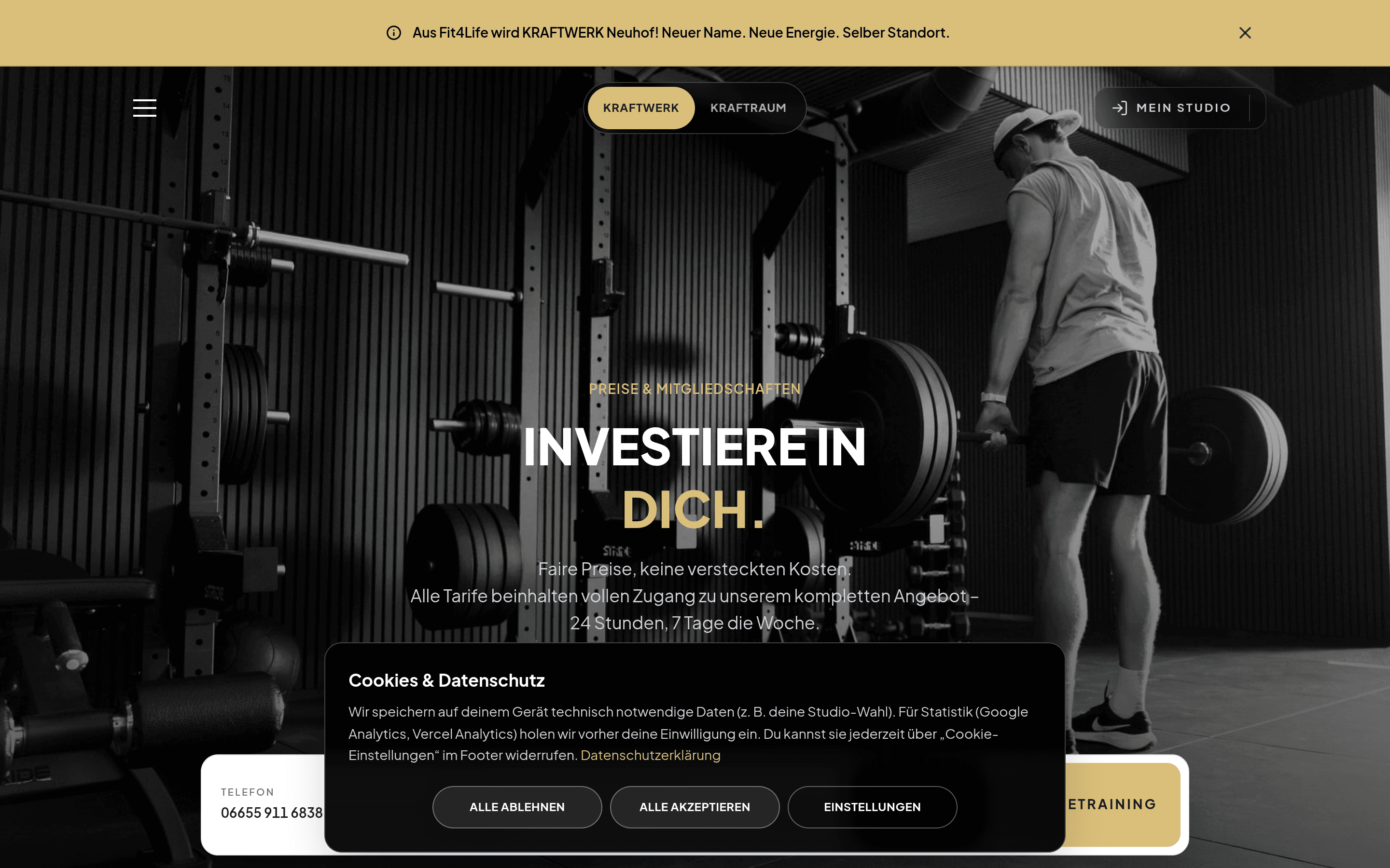 Screenshot of the Kraftwerk Neuhof website: pricing page with memberships
