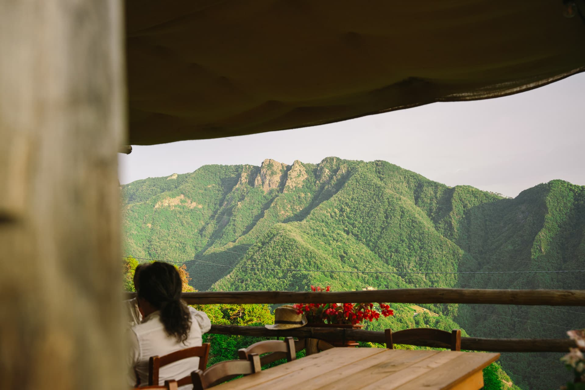 Blick von der Terrazza auf bewaldete Berge, Gast am Holztisch unter Markise, rote Blumen am Geländer
