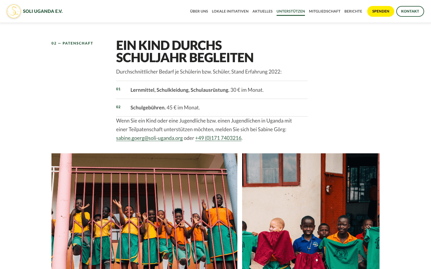 Screenshot der Patenschaft: 30 € für Lernmittel und Kleidung, 45 € für Schulgebühren